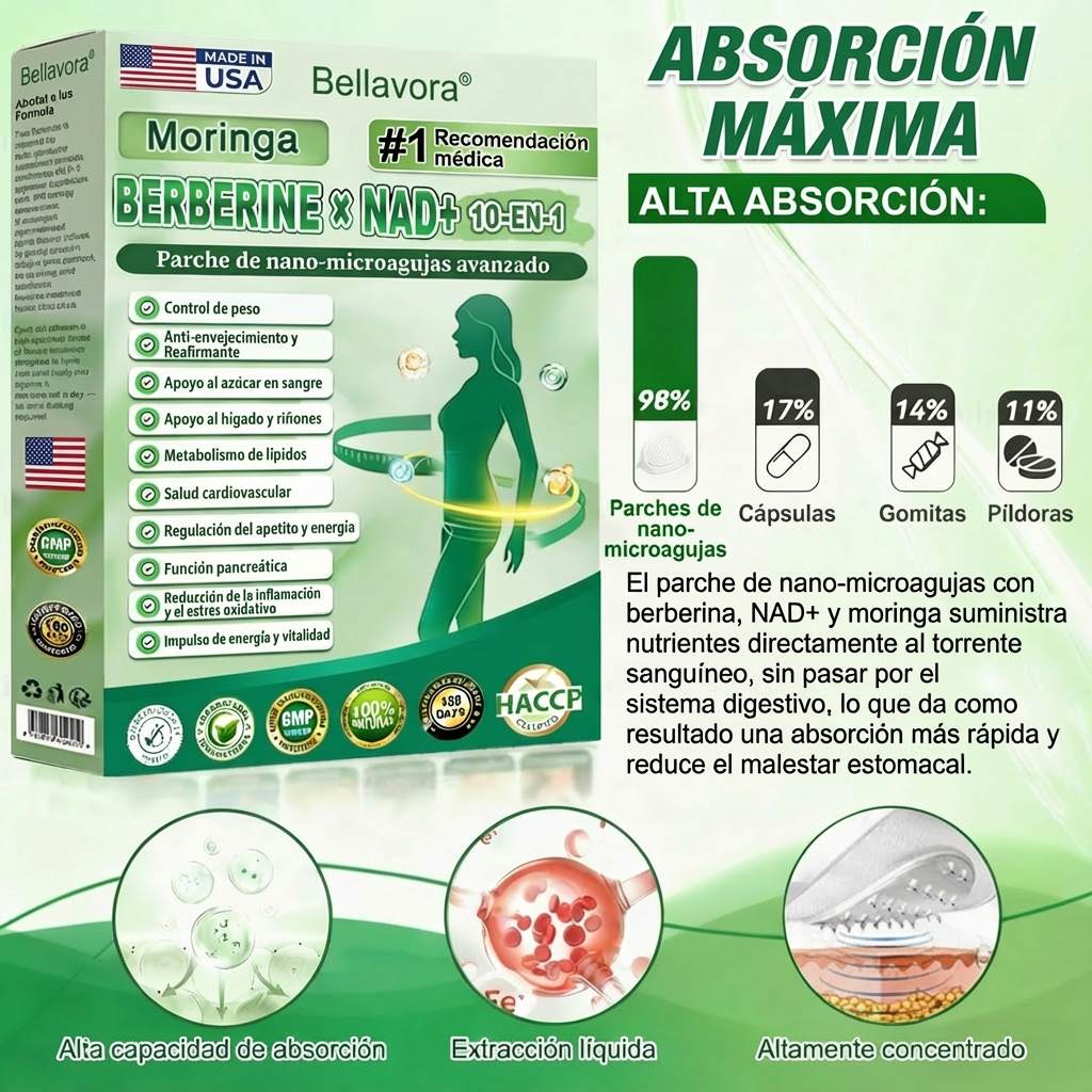 BELLAVORA® Moringa Berberine × NAD Parche 10-en-1 de Nanomicroagujas